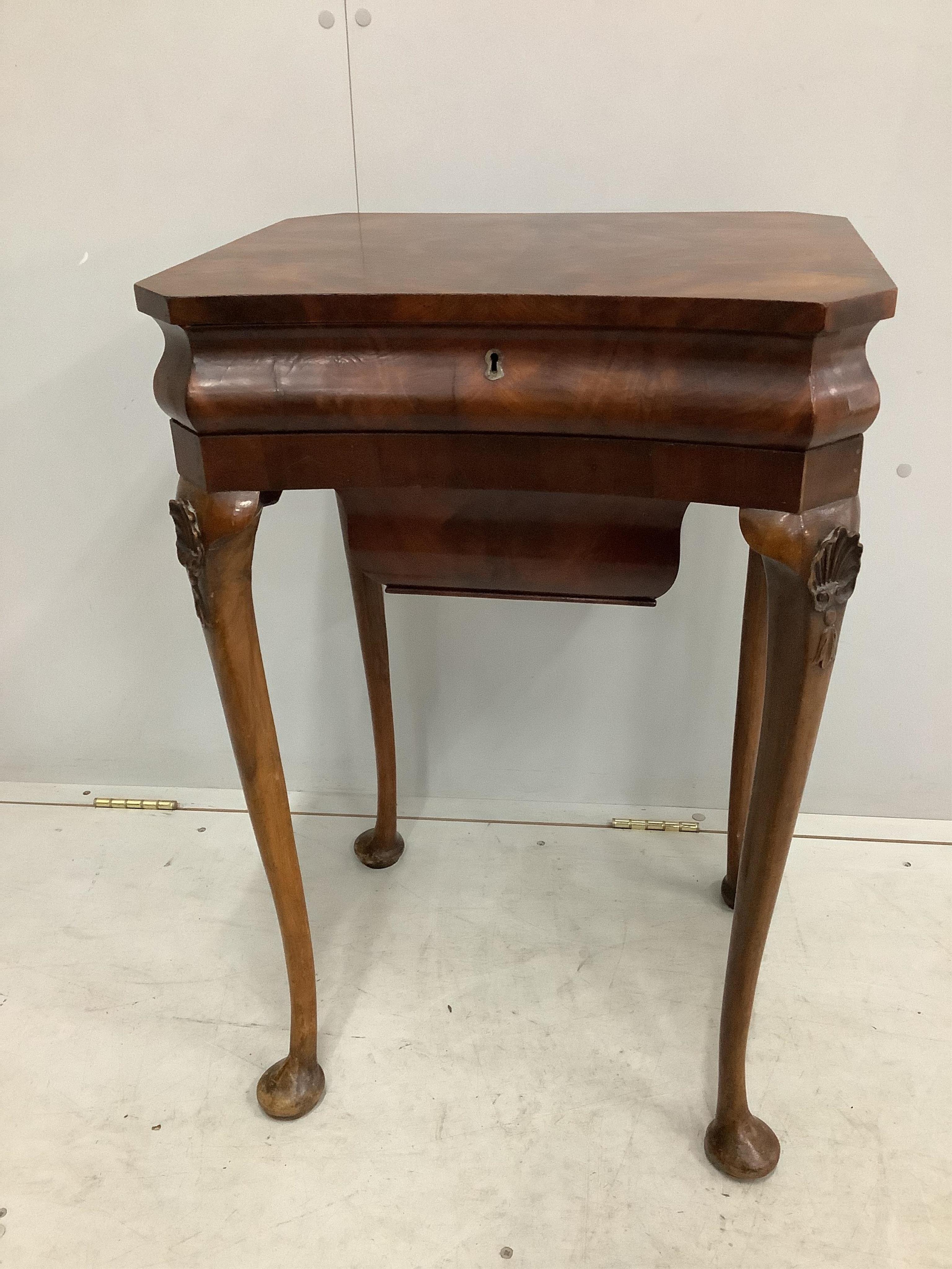 A Queen Anne Revival mahogany and beech concave front work table, width 50cm, depth 40cm, height 74cm. Condition - fair